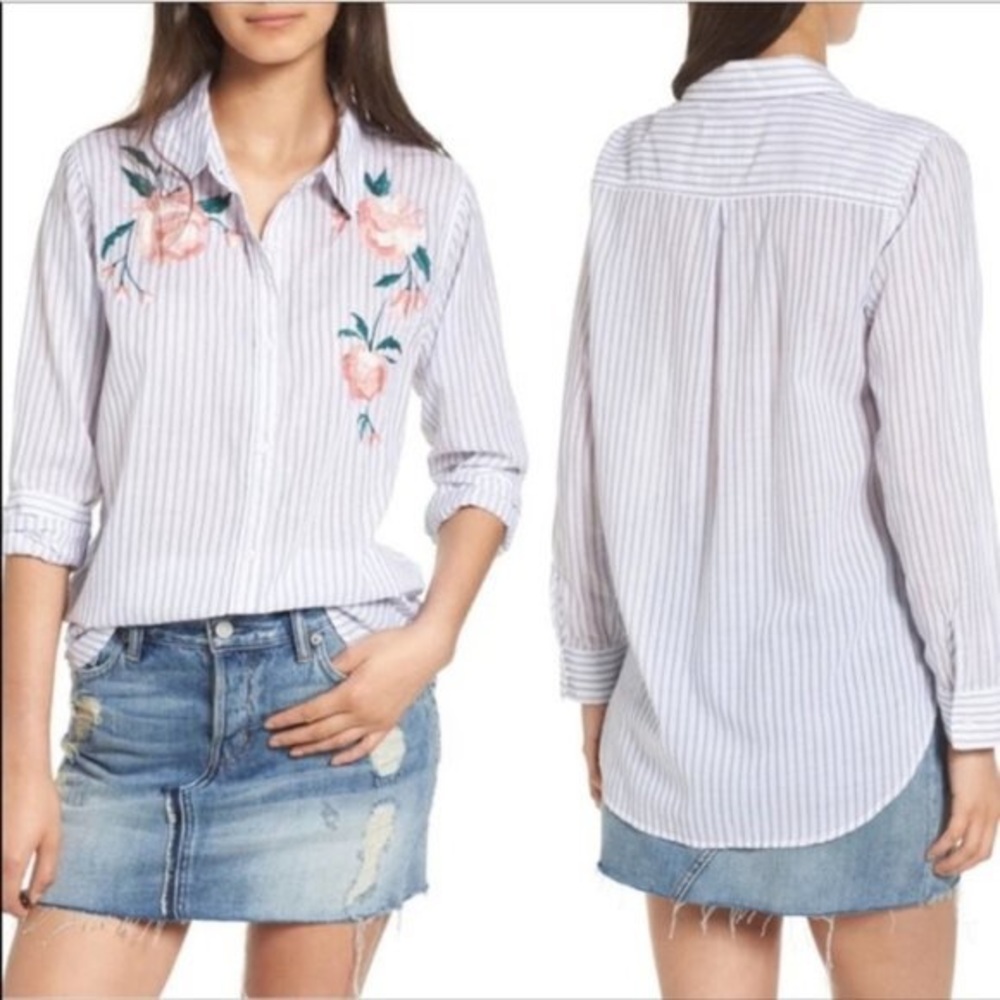 Rails Nevin Button-down Blouse in Stripe Pink Floral Embroidered